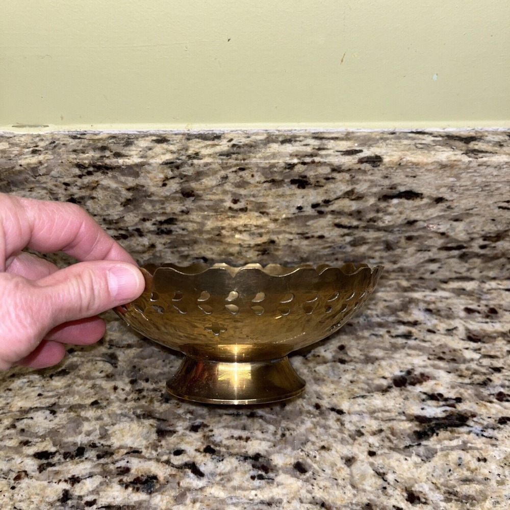 Vintage Footed Brass‎ bowl Ornate Mandela Etched Trinket Dish Patina 5x2" Cutout